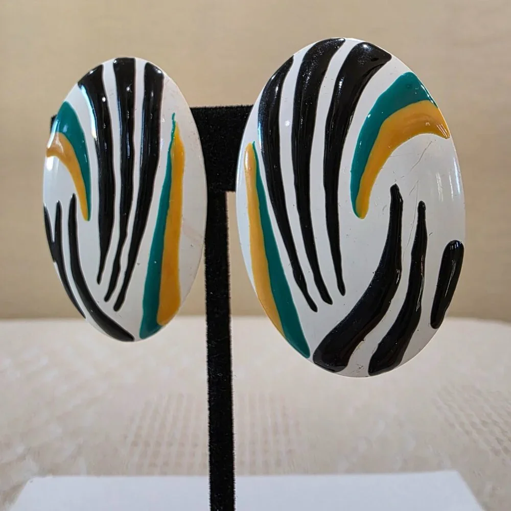 Vintage Boho Chic Tribal Metal Oval White Black Green and Yellow Stripe Earrings